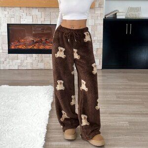 Mocha Brown Casual Women's Cartoon Bear Pattern Drawstring Teddy Fleece Pants